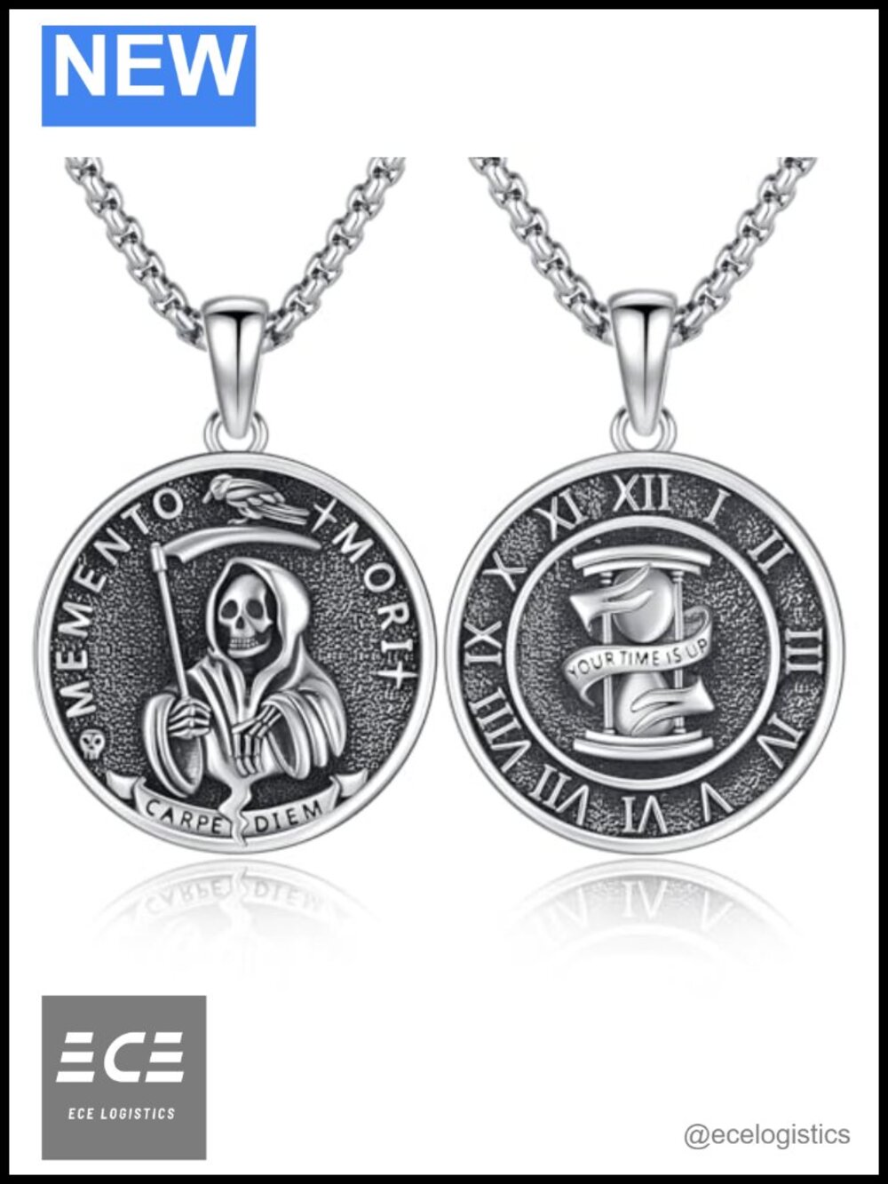 Memento Mori Necklace 925 Sterling Silver Skull Amulet 20+2 Inch Chain